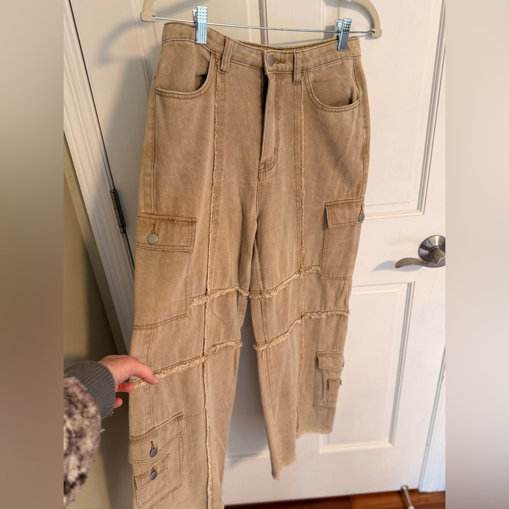 POL Straight-Leg Cargo Jumpsuit Pants in Tan
